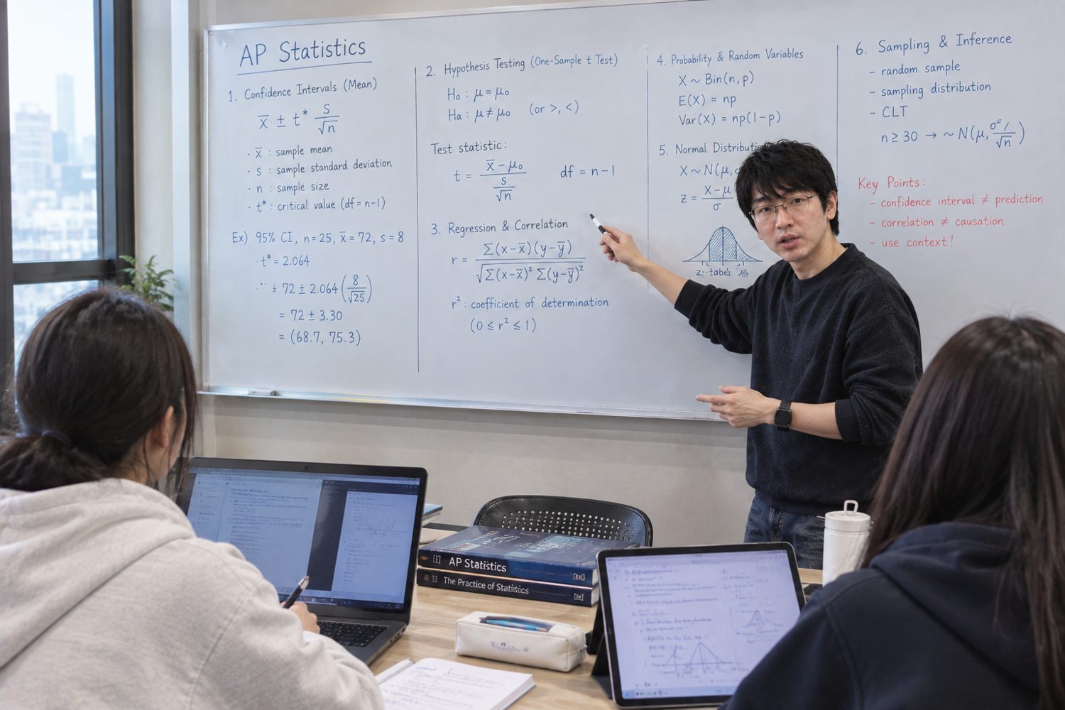 TopEduPrep AP Statistics 수업 — 선생님이 화이트보드로 가설검정과 회귀를 설명하는 장면